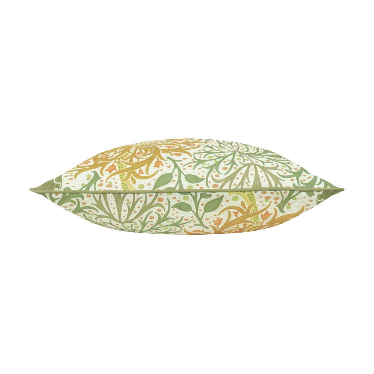 Side view of the Seaweed Floral polyester cushion in Stone/Sunflower, showing scrolling foliage and floral pattern in green, gold and orange with piped edge trim, on a white background.