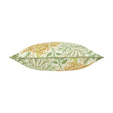 Side view of the Seaweed Floral polyester cushion in Stone/Sunflower, showing scrolling foliage and floral pattern in green, gold and orange with piped edge trim, on a white background.