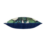 Side view of the Serenity Velvet Cotton Cushion in Midnight, showing plain navy velvet back and printed peacock and palm design edge, on a white background.