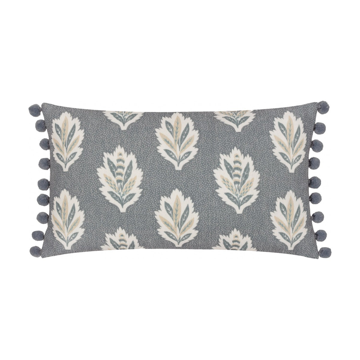 Sessile Leaf Reversible Cotton Cushion in Delph Blue, rectangular with cream, teal and gold leaf print on a blue-grey ground, edged with blue pom-pom trim, on a white background.