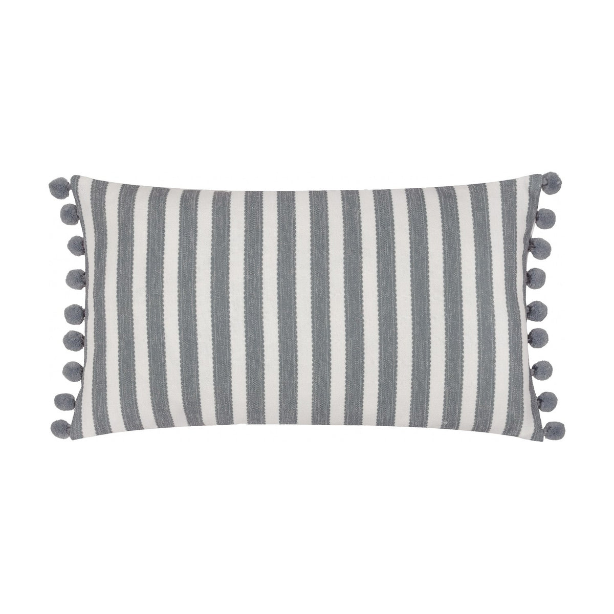 Sessile Leaf Reversible Cotton Cushion in Delph Blue, rectangular bolster with blue-grey and cream candy stripe design and chunky blue pom-pom trim, shown on a white background.