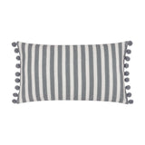 Sessile Leaf Reversible Cotton Cushion in Delph Blue, rectangular bolster with blue-grey and cream candy stripe design and chunky blue pom-pom trim, shown on a white background.
