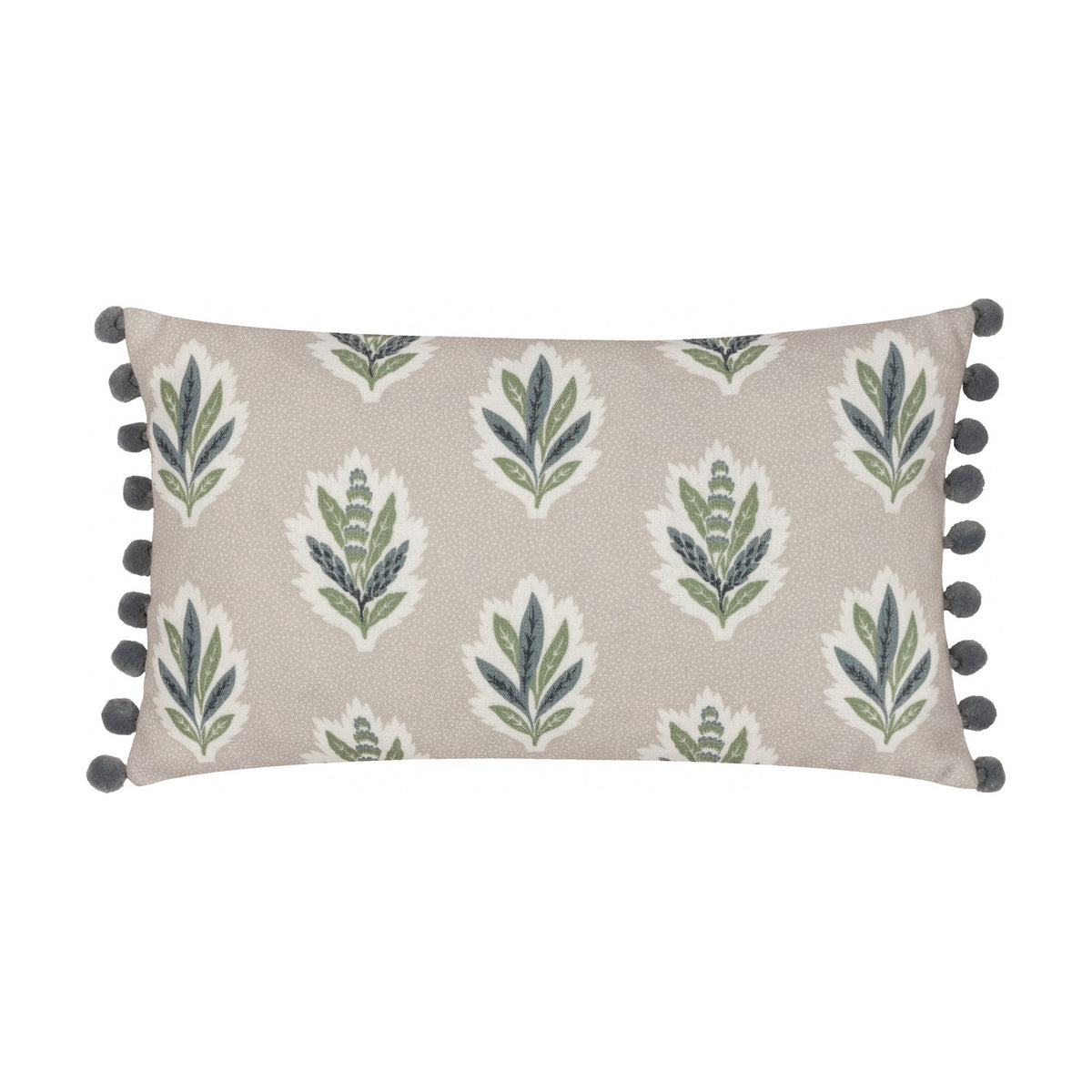 Sessile Leaf Reversible Cotton Cushion in Flax, rectangular bolster with grey pom-pom trim, featuring green and slate blue leaf sprig motifs on a flecked beige ground, shown on a white background.