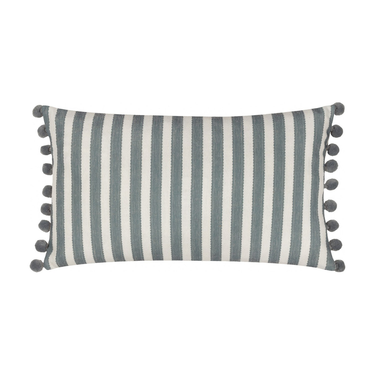 Sessile Leaf Reversible Cotton Cushion in Flax, rectangular bolster with grey-blue and cream striped ticking design and matching pom-pom trim, shown on a white background.