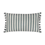 Sessile Leaf Reversible Cotton Cushion in Flax, rectangular bolster with grey-blue and cream striped ticking design and matching pom-pom trim, shown on a white background.