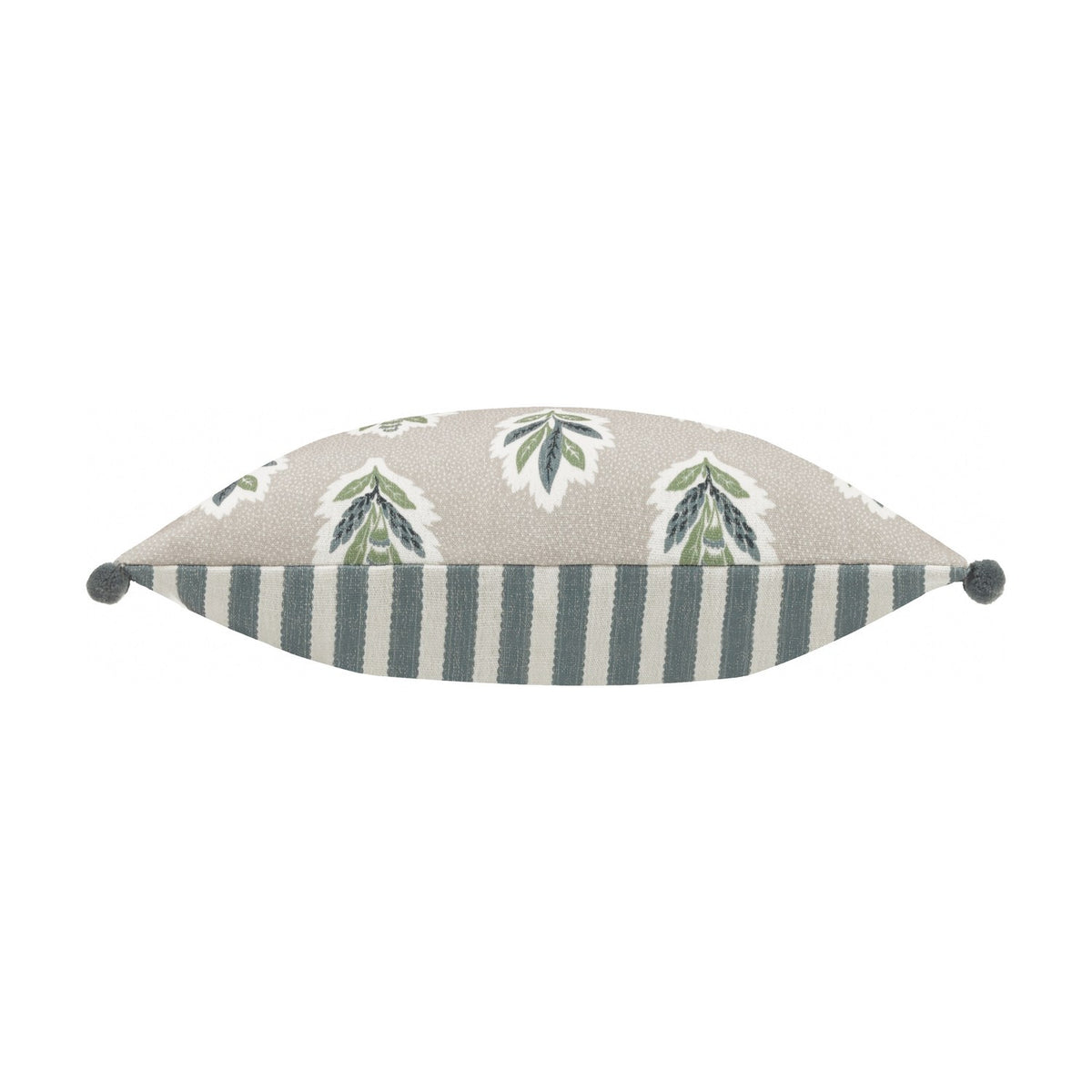 Reversible cotton cushion in flax with green and slate blue leaf sprig print on one side and blue-grey striped ticking on the other, finished with corner tassels.