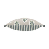 Reversible cotton cushion in flax with green and slate blue leaf sprig print on one side and blue-grey striped ticking on the other, finished with corner tassels.