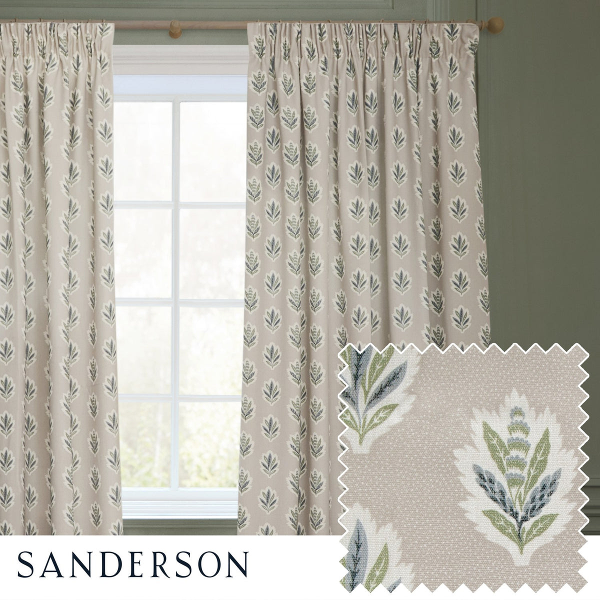 Pencil pleat curtains in flax-beige with a repeating Sessile Leaf motif in green and slate blue, shown pencil-pleat headed on a wooden pole beside a window, with a fabric swatch inset.
