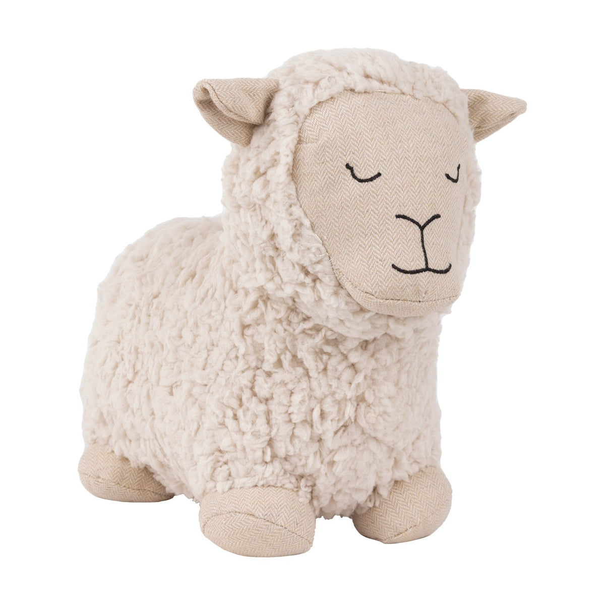 Sheep Wool Cotton Door Stop in white, shaped like a sheep with a curly sherpa-pile body, herringbone face, ears and feet, and closed stitched eyes, on a plain white background.