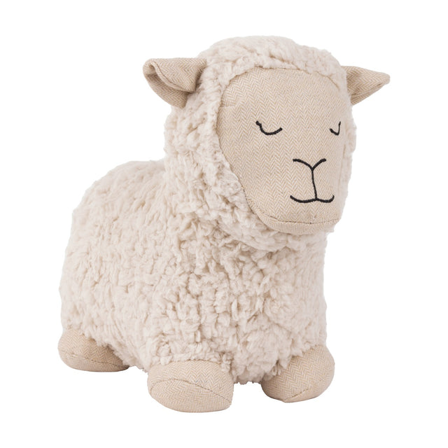 Sheep Wool Cotton Door Stop in white, shaped like a sheep with a curly sherpa-pile body, herringbone face, ears and feet, and closed stitched eyes, on a plain white background.
