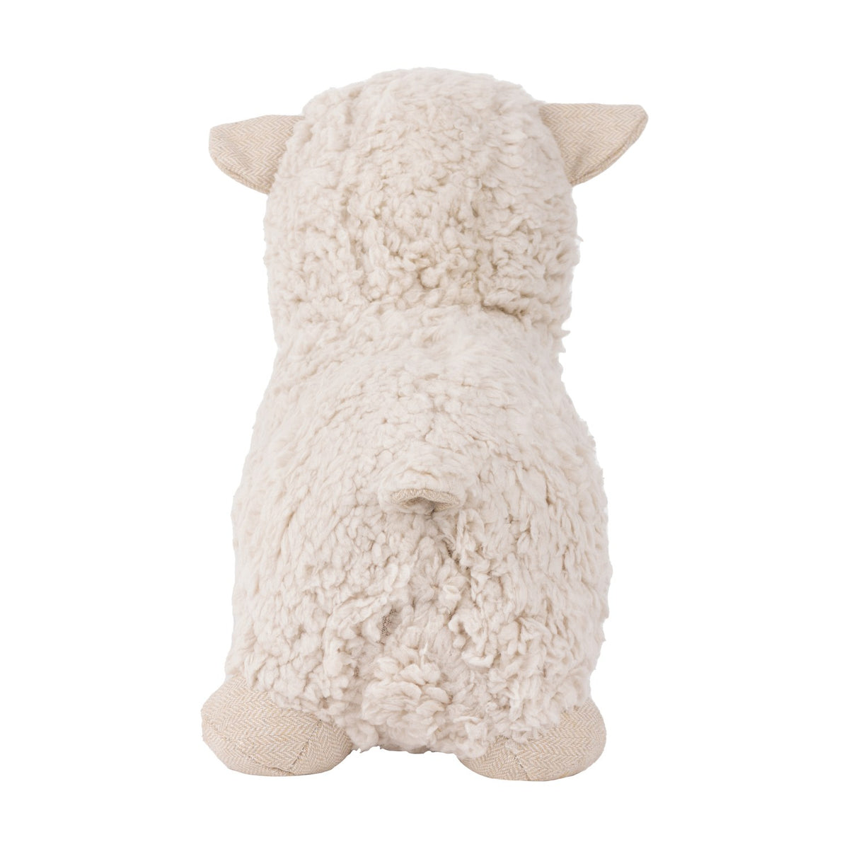Sheep Wool Cotton Door Stop in white, rear view showing curly sherpa body, herringbone-textured ears and feet, and a small stitched tail, on a plain white background.