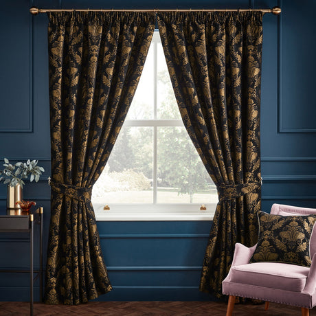 Shiraz Jacquard Chenille Pencil Pleat Curtains - Black