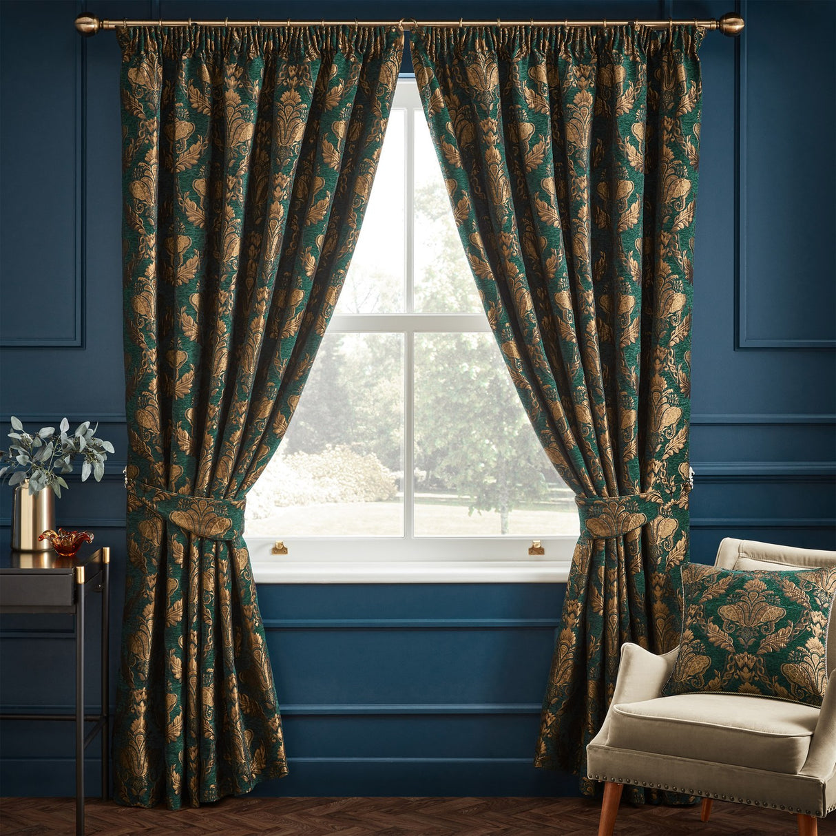 Shiraz Jacquard Chenille Pencil Pleat Curtains - Emerald