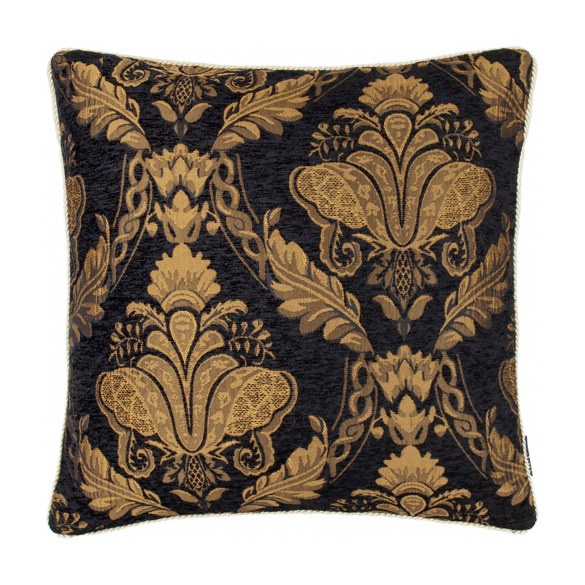 Shiraz Jacquard Chenille Cushion in black, square shape with a woven gold floral damask pattern and cream cord trim, shown on a white background.
