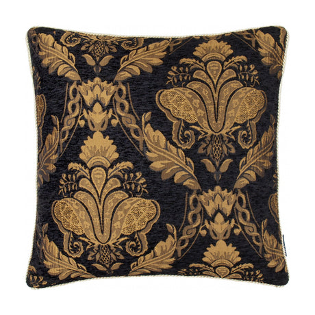 Shiraz Jacquard Chenille Cushion in black, square shape with a woven gold floral damask pattern and cream cord trim, shown on a white background.