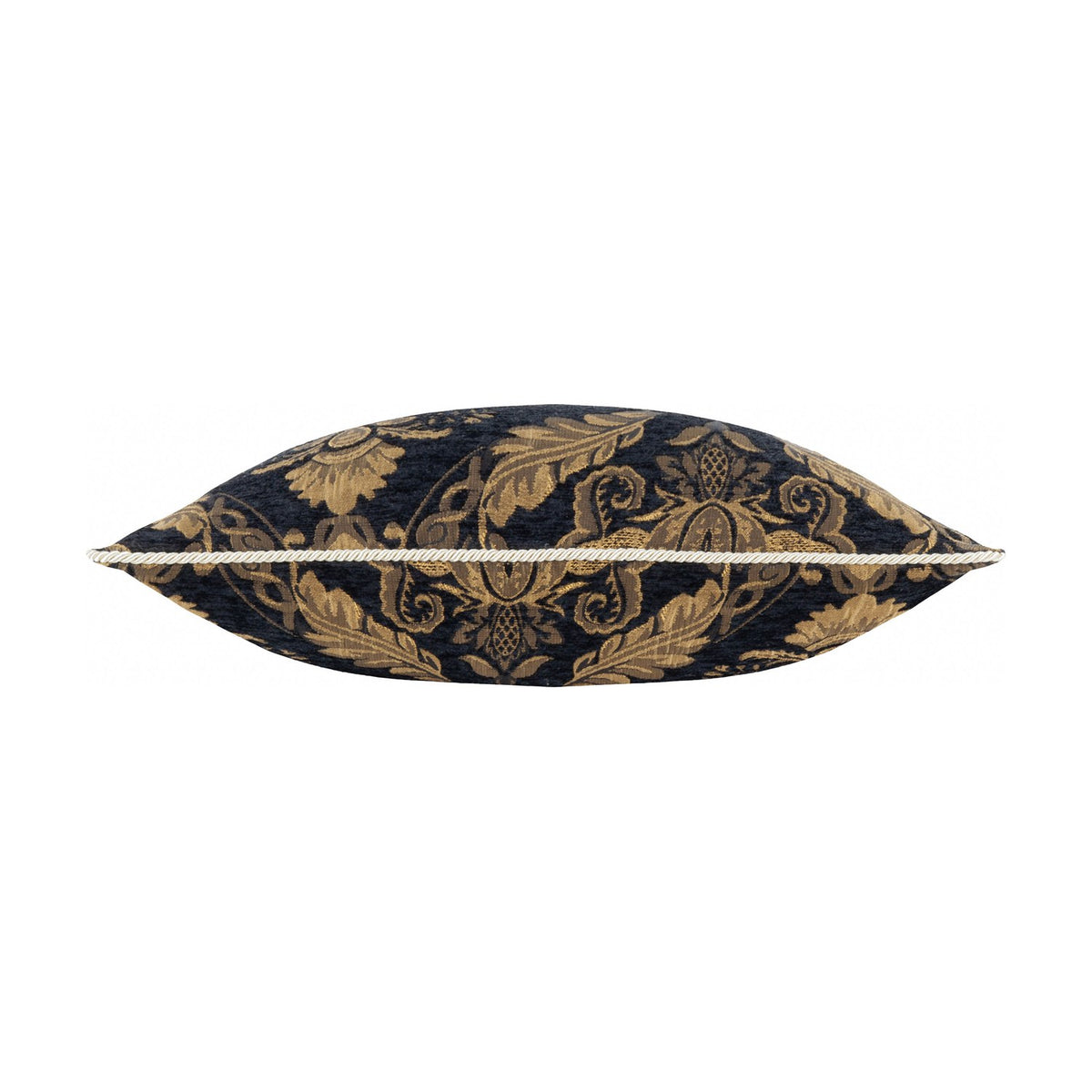 Side view of the Shiraz Jacquard Chenille Cushion in black, showing gold floral damask woven pattern and a corded edge trim, on a plain white background.