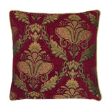 Shiraz Jacquard Chenille Cushion in burgundy, square with a woven damask pattern of gold and olive floral motifs, finished with matching cord piping, shown on a white background.