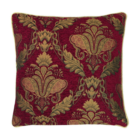 Shiraz Jacquard Chenille Cushion in burgundy, square with a woven damask pattern of gold and olive floral motifs, finished with matching cord piping, shown on a white background.