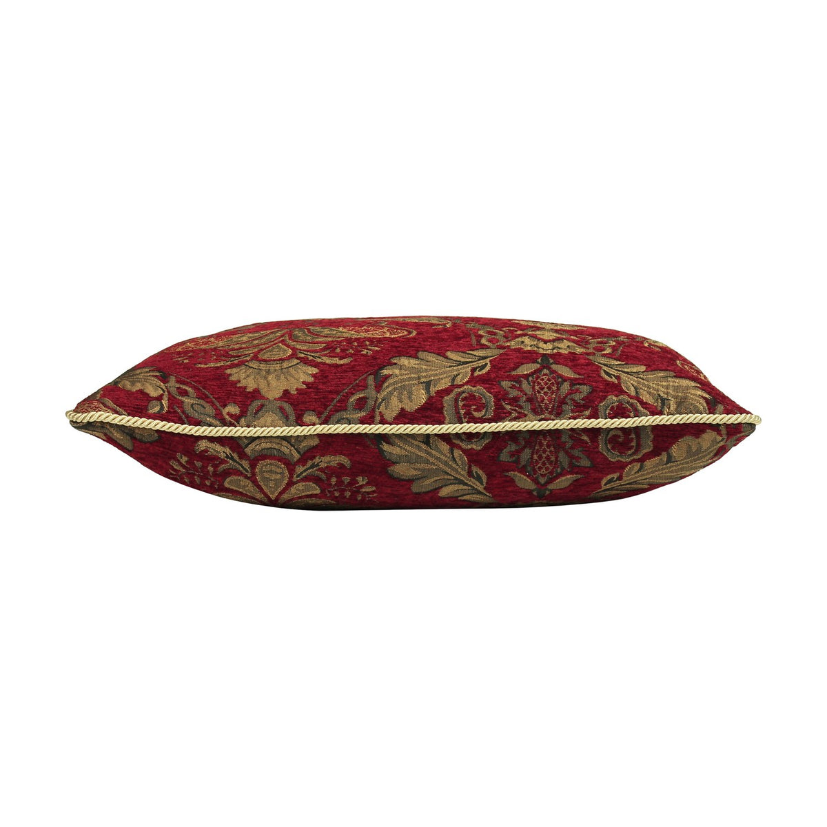 Side view of the Shiraz Jacquard Chenille Cushion in burgundy, showing a woven damask floral pattern in gold and olive with a gold cord trim, on a white background.