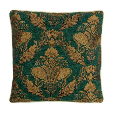 Shiraz Jacquard Chenille Cushion in Emerald, square with a gold woven floral damask pattern and matching corded piping edge, shown on a white background.