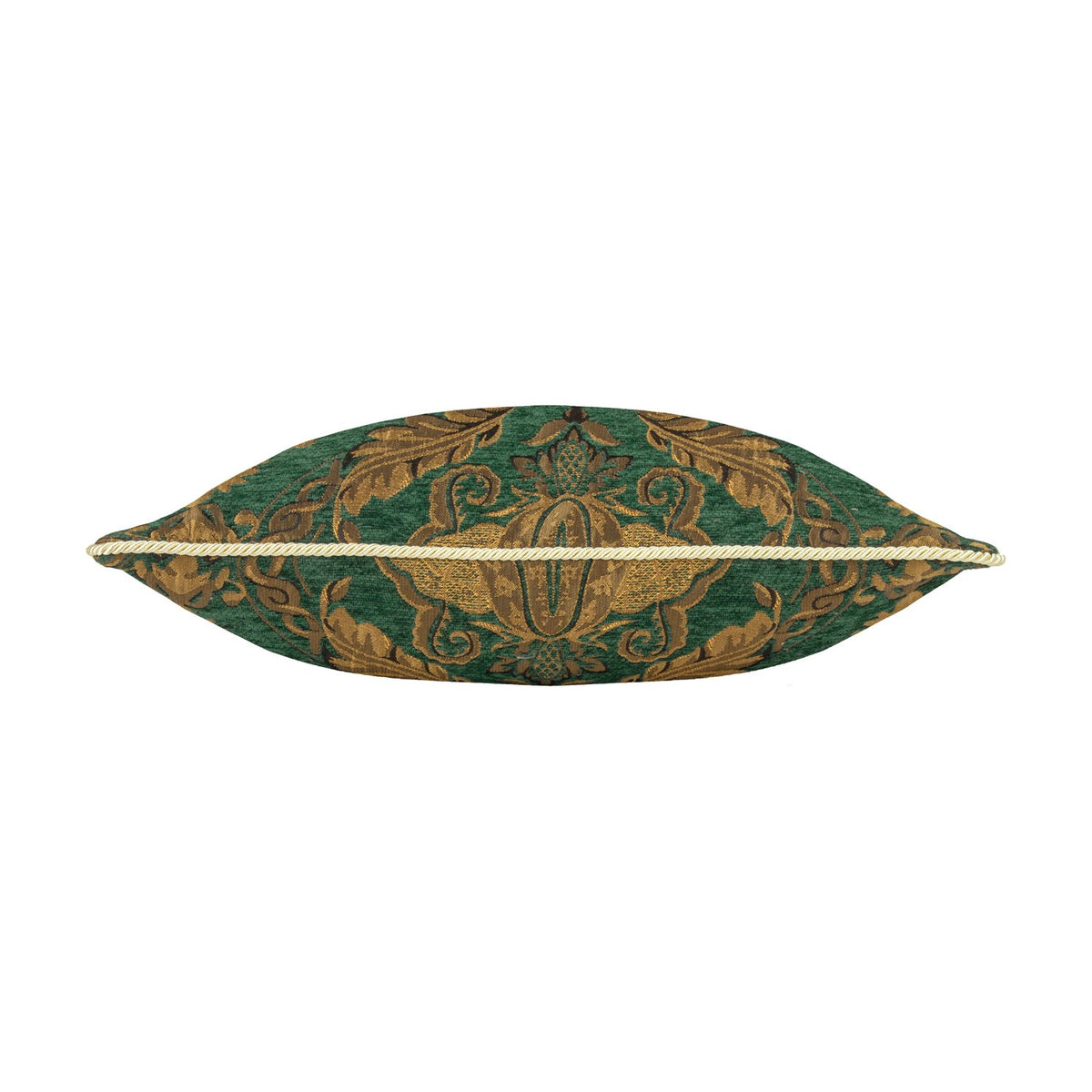 Shiraz Jacquard Chenille Cushion in Emerald, shown end-on to reveal a plump silhouette with a gold cord-piped seam, woven with a green and gold floral damask pattern on a plain white background.