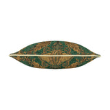 Shiraz Jacquard Chenille Cushion in Emerald, shown end-on to reveal a plump silhouette with a gold cord-piped seam, woven with a green and gold floral damask pattern on a plain white background.