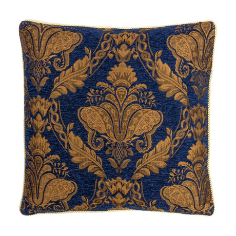 Shiraz Jacquard Chenille Cushion in navy, 45 x 45cm square with a woven gold and bronze floral damask pattern and cord-trimmed edges, shown on a white background.