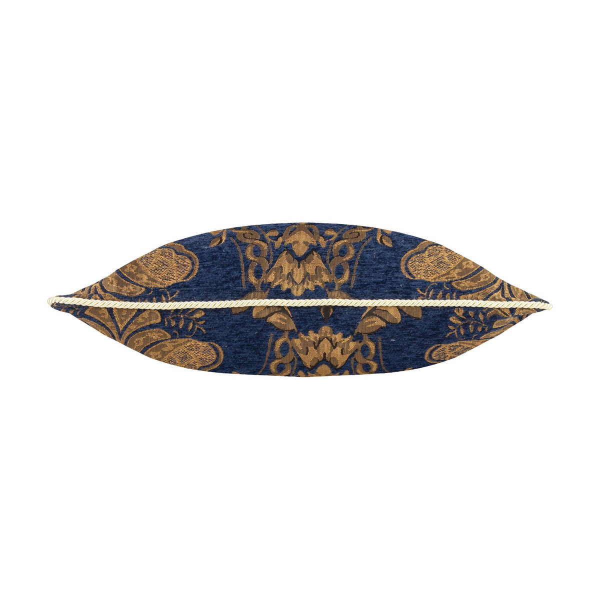 Shiraz Jacquard Chenille Cushion in navy, shown side-on with cream cord piping, displaying a mirrored gold and bronze floral damask woven pattern on a plain white background.