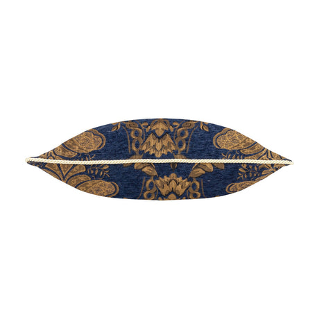 Shiraz Jacquard Chenille Cushion in navy, shown side-on with cream cord piping, displaying a mirrored gold and bronze floral damask woven pattern on a plain white background.