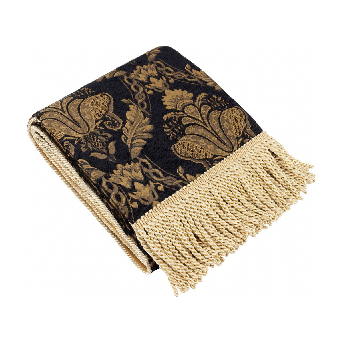 Shiraz Jacquard Chenille Throw in black, folded with woven gold floral damask pattern and long cream bullion fringe on one end, shown on a white background.
