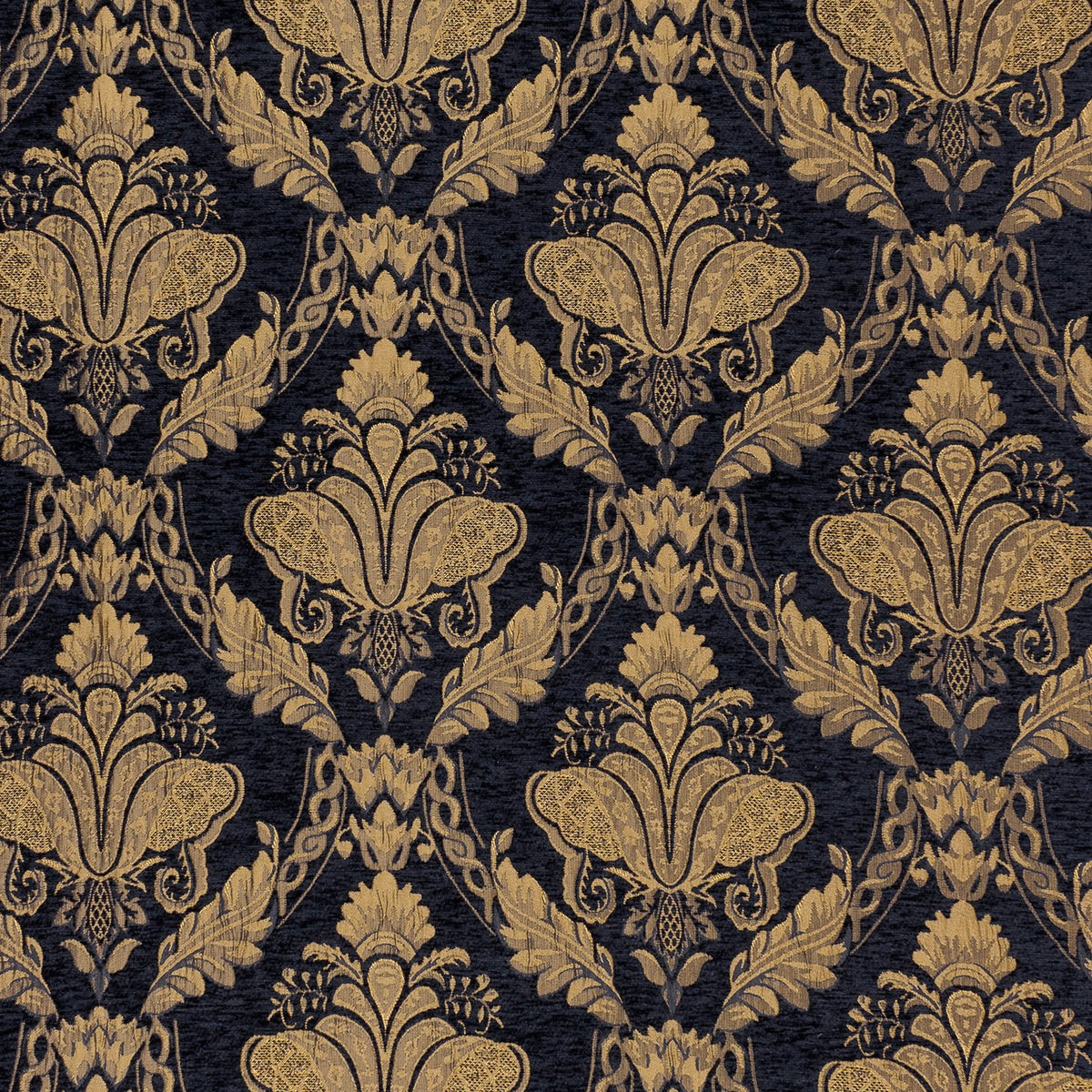 Shiraz Jacquard Chenille Throw in black, woven fabric with a repeating gold floral damask pattern, shown as a close-up of the design.