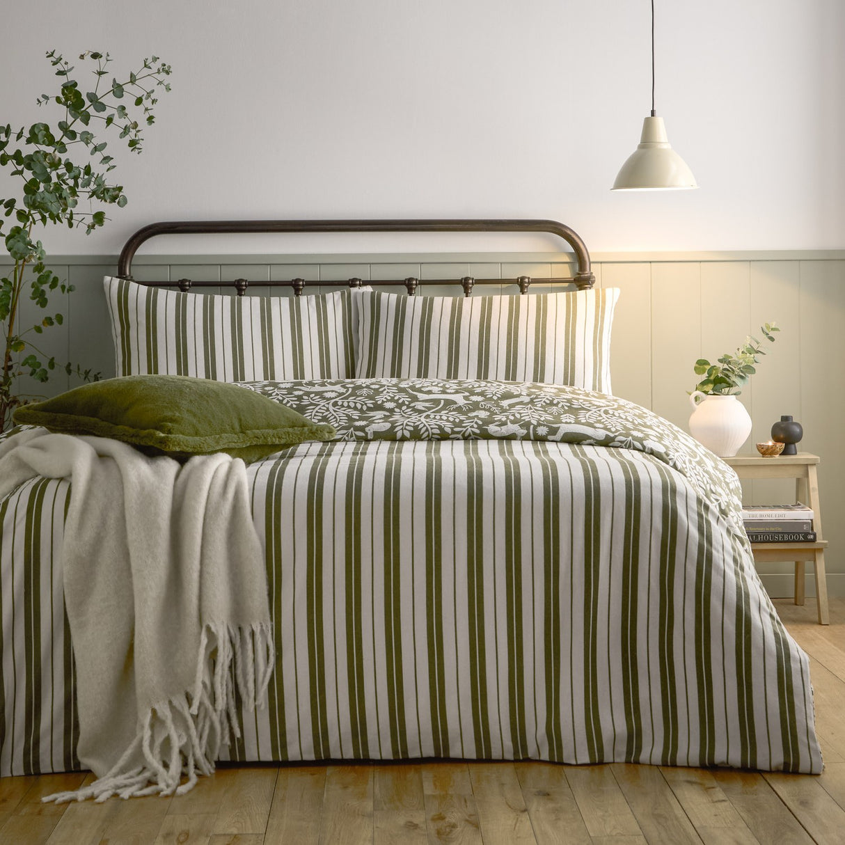 Skandi Woodland Cotton Animal Duvet Cover Set - Thyme Green