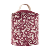 Skandi Woodland Animal Velvet Door Stop in berry, with a cream fabric carry handle, printed with hares, foxes, a stag, squirrels and birds among leaves, on a plain white background.