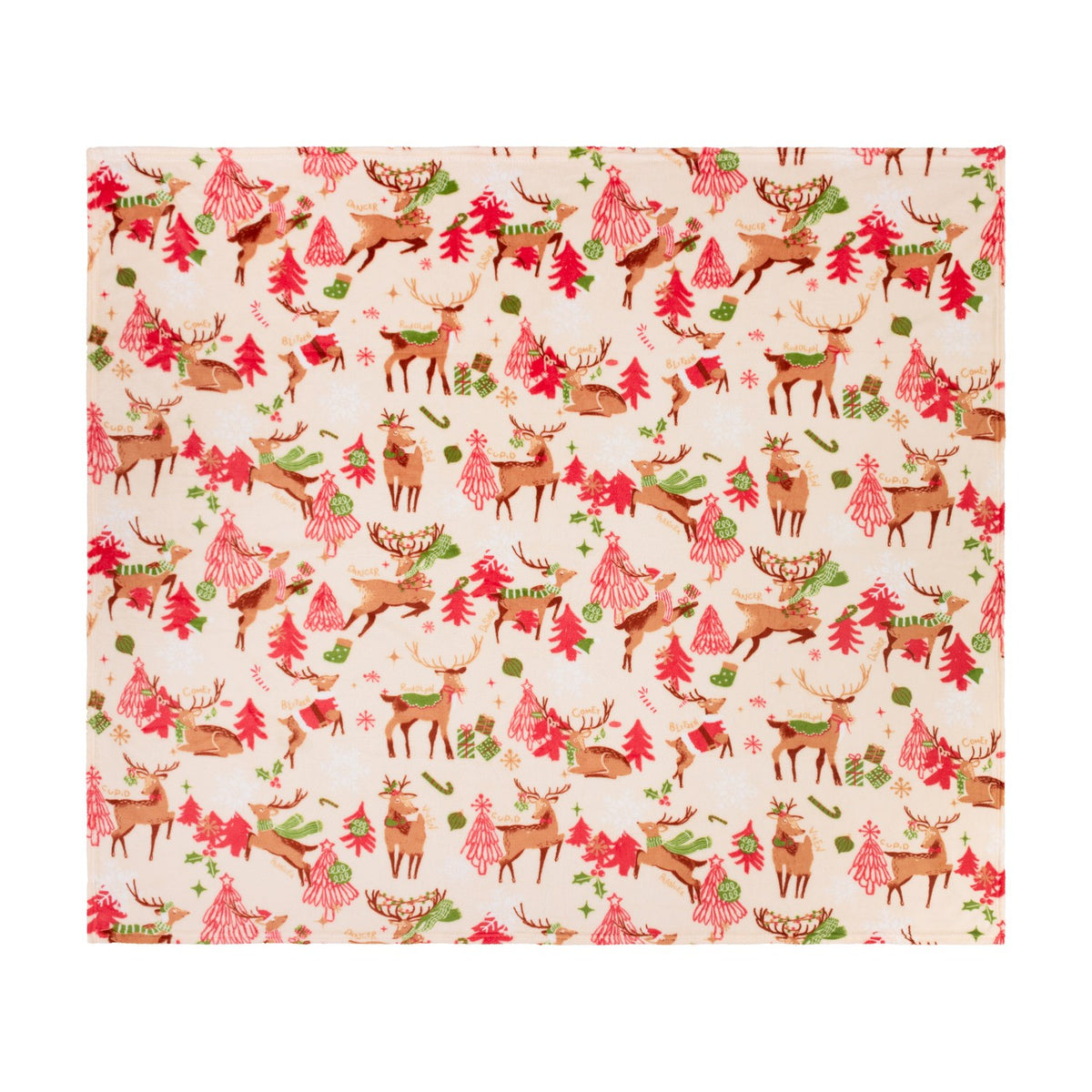 Sleigh Team Printed Polyester Throw in multicoloured festive design on cream ground, with reindeer, pink and red Christmas trees, presents, and snowflakes, shown flat on a white background.