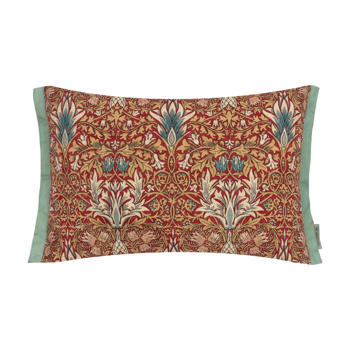 Rectangular Snakeshead Floral cushion in berry red with tan, cream, teal and pink florals, framed by a sage-green Oxford trim, on a white background.