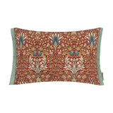 Rectangular Snakeshead Floral cushion in berry red with tan, cream, teal and pink florals, framed by a sage-green Oxford trim, on a white background.