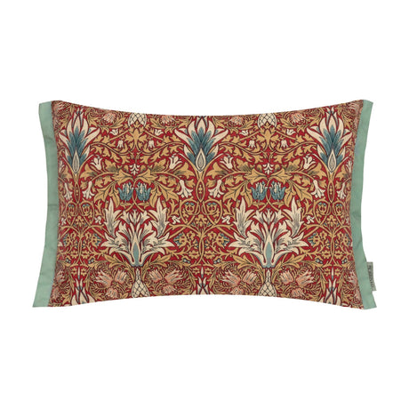 Rectangular Snakeshead Floral cushion in berry red with tan, cream, teal and pink florals, framed by a sage-green Oxford trim, on a white background.