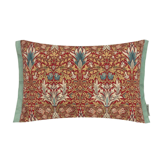 Rectangular Snakeshead Floral cushion in berry red with tan, cream, teal and pink florals, framed by a sage-green Oxford trim, on a white background.
