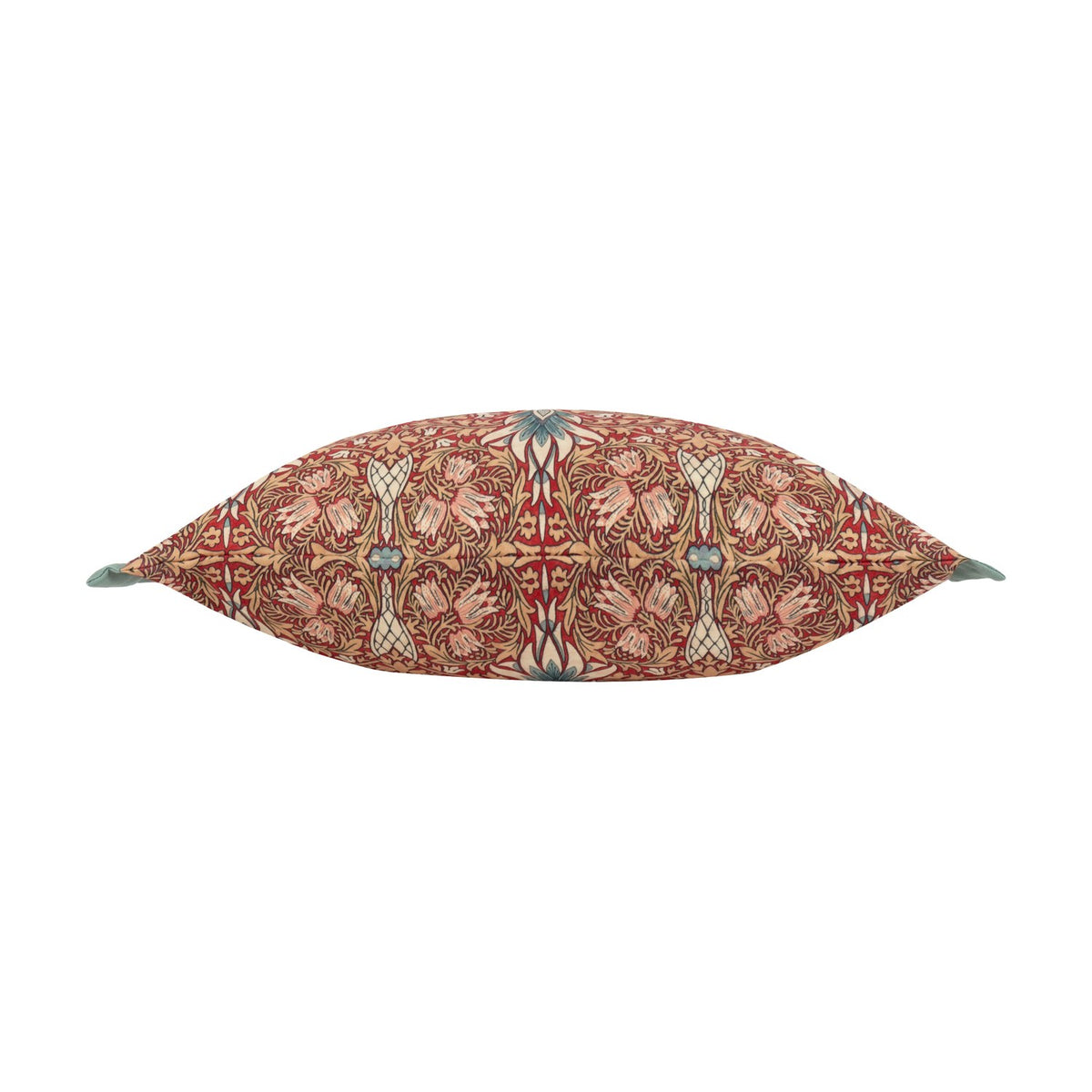 Snakeshead Floral Polyester Cushion in Berry/Natural, shown lengthways with sage-green corner tabs, on a plain white background.