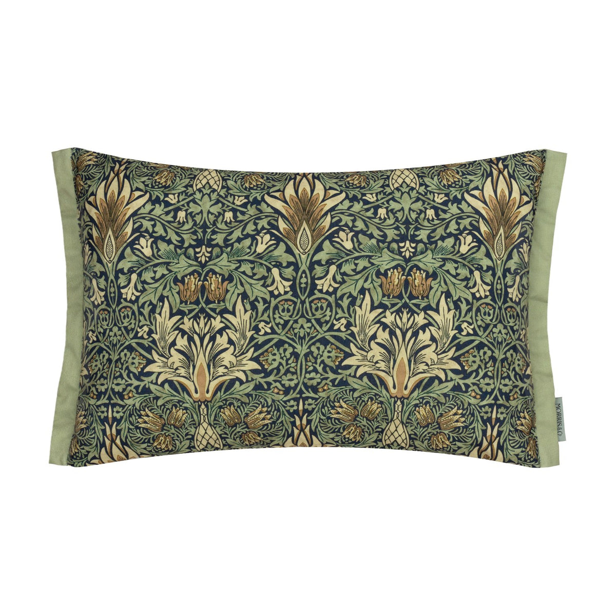 Rectangular lumbar cushion with Snakeshead floral print in indigo, leaf green, cream and gold, finished with plain sage green side panels, shown on a white background.