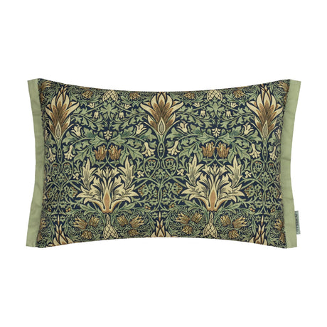 Rectangular lumbar cushion with Snakeshead floral print in indigo, leaf green, cream and gold, finished with plain sage green side panels, shown on a white background.