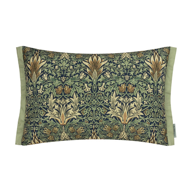 Rectangular lumbar cushion with Snakeshead floral print in indigo, leaf green, cream and gold, finished with plain sage green side panels, shown on a white background.