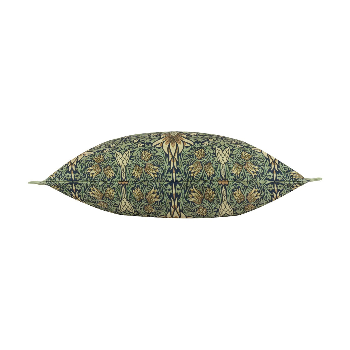 Side view of the Snakeshead Floral polyester lumbar cushion in indigo and leaf green, showing corner tabs and an allover botanical print, on a white background.