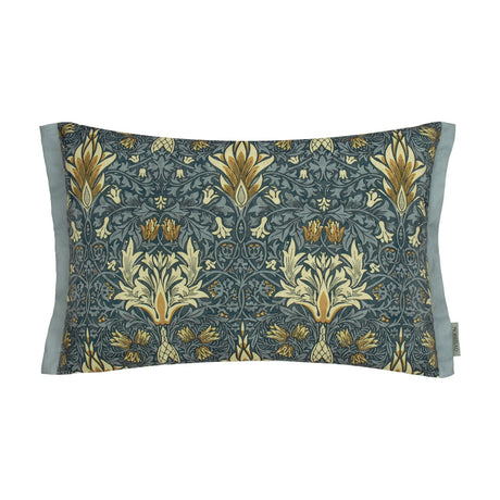 Rectangular lumbar cushion with Snakeshead floral print in cream and gold on an indigo ground, plain light grey side edging, shown on a white background.