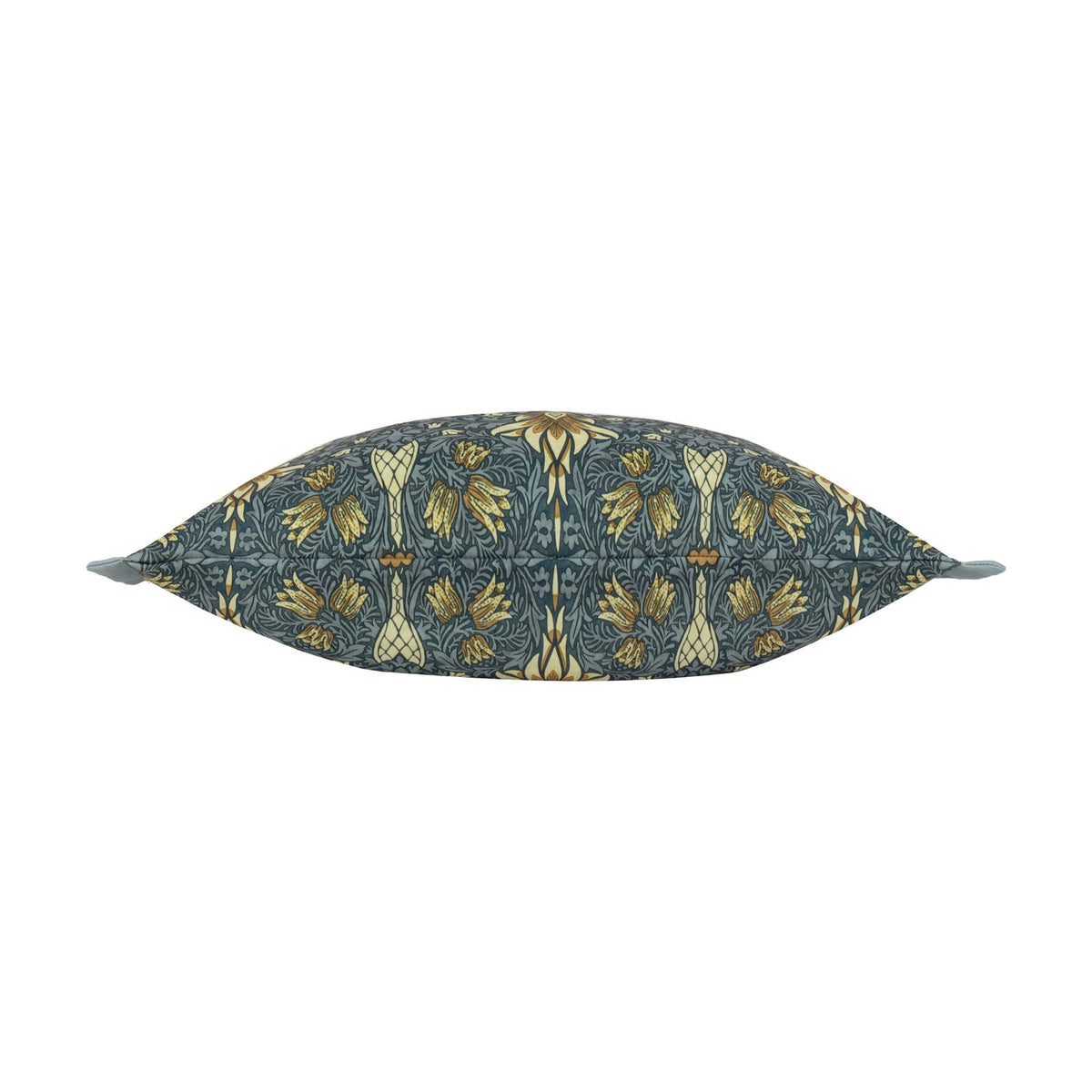 Side view of the Snakeshead Floral Polyester Cushion in indigo, cream and gold, showing its rectangular bolster shape against a plain white background.