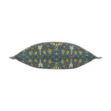 Side view of the Snakeshead Floral Polyester Cushion in indigo, cream and gold, showing its rectangular bolster shape against a plain white background.