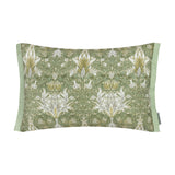 Rectangular Snakeshead Floral cushion with mirrored green, gold and cream botanical print on a stone ground, sage green side panels, shown on a plain white background.