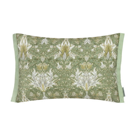 Rectangular Snakeshead Floral cushion with mirrored green, gold and cream botanical print on a stone ground, sage green side panels, shown on a plain white background.