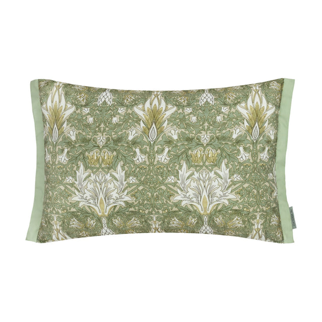 Rectangular Snakeshead Floral cushion with mirrored green, gold and cream botanical print on a stone ground, sage green side panels, shown on a plain white background.
