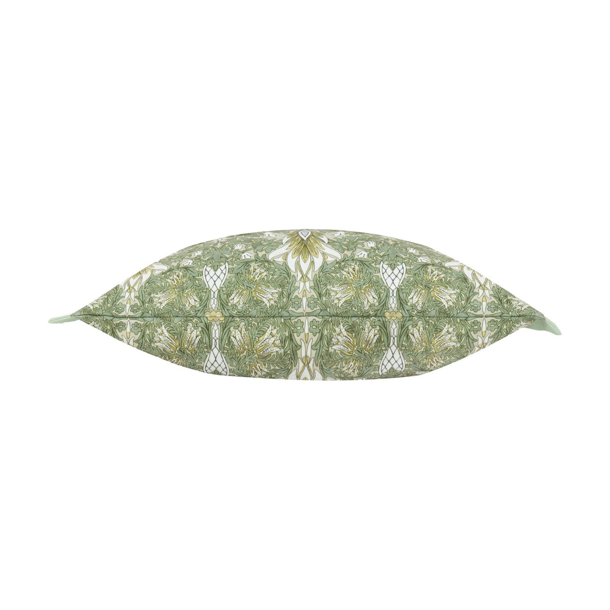 Snakeshead Floral Polyester Cushion in Sunflower/Stone, shown side-on to reveal its rectangular bolster shape with a mirrored green, gold and cream floral print on a stone ground.